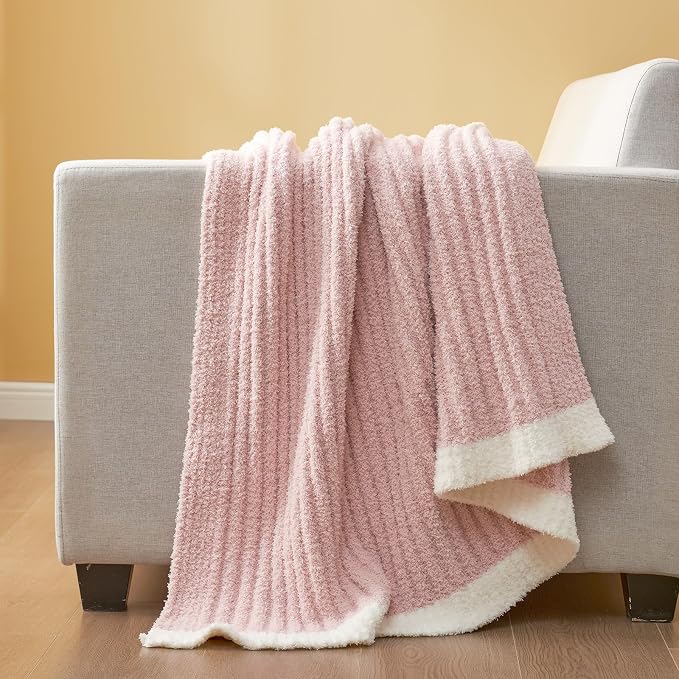 Snuggle Sac Pink Throw Blanket for Couch, Soft Cozy Ribbed Fluffy Blankets for Women, Warm Microfiber Knit Cute Throws for Girls Daughter Women Gifts for Mom, Pink, 50x70 inches