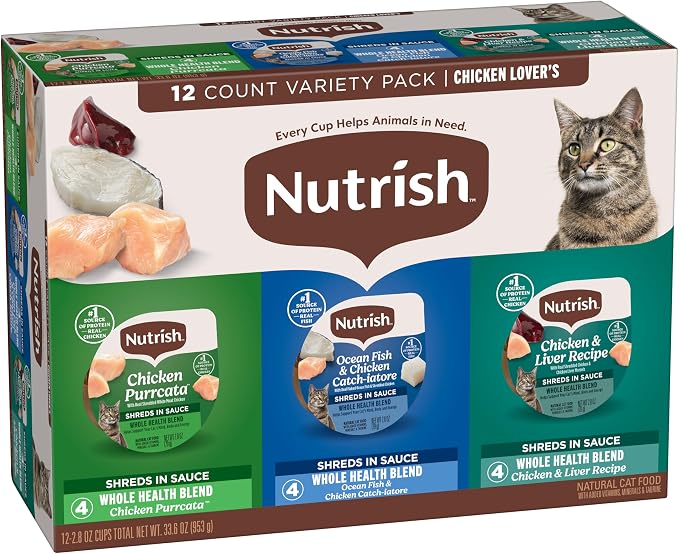 Nutrish Chicken Lover's Wet Cat Food Variety Pack, 2.8 oz Cup (Rachael Ray) | Includes 12 Cups of Three Grain Free Recipes: Chicken Purrcata, Ocean Fish & Chicken Catch-iatore and Chicken & Liver