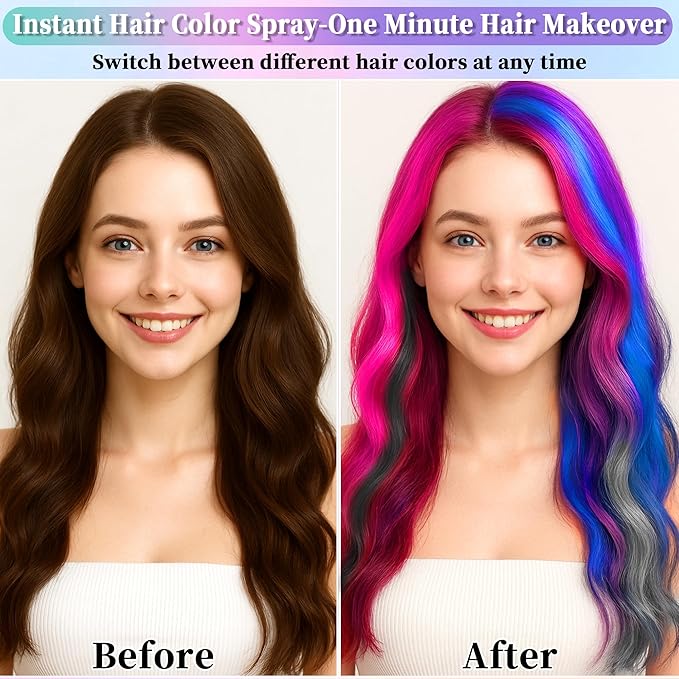 6 Pack Hair Spray,Purple red pink black blue and gray hair spray temporary for Women Kids Men, Washable Temporary,For Cosplay Christmas Party