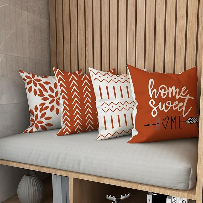YCOLL Burnt Orange Linen Pillow Covers 20x20 Set of 4, Home Sweet Home Farmhouse Throw Pillow Covers, Holiday Decorative Cushion Covers for Sofa Couch Bed, Autumn Burnt Orangeic Fall Decor