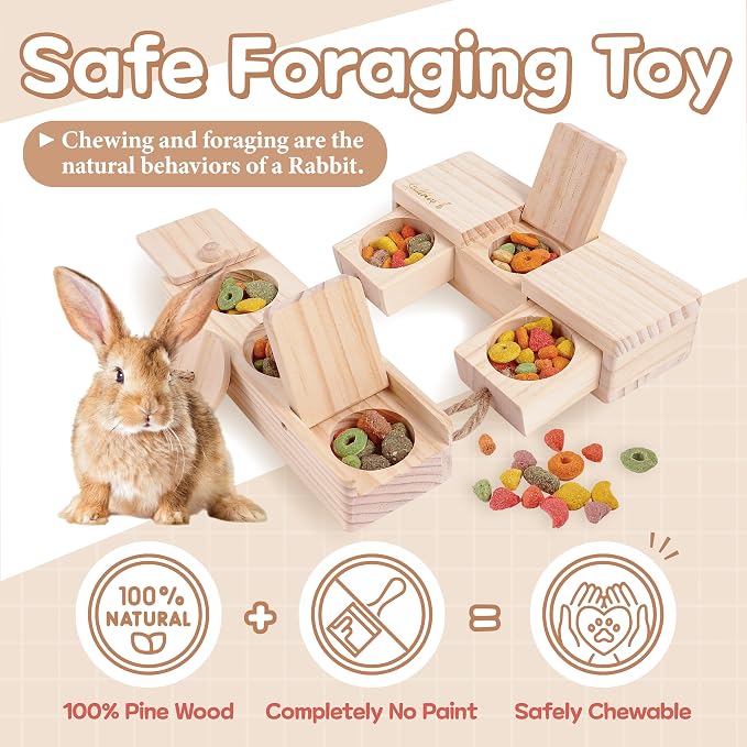 SoulThink® Interactive Wooden Pet Rabbit Toys - Sniff n' Snack Bunny Chew Toys for Rabbit Treats, Suited as Guinea Pig, Hamster for Boredom, Bunny Toys for Rabbits Keep Busy (2 Sets)