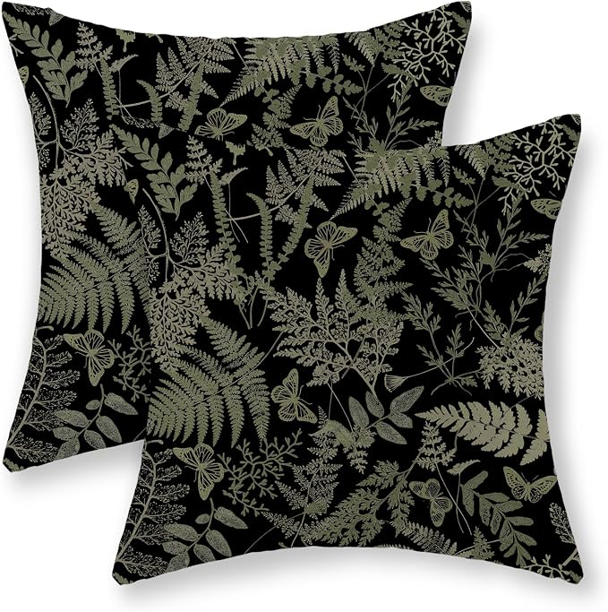 Black Pillow Covers 18x18 Set of 2 Sage Green Wildflower Leaf Plant Decorative Pillowcase Tropical Fern Herbs Botanical Floral Cushion Case Decor Summer Outdoor Throw Pillows for Couch Sofa