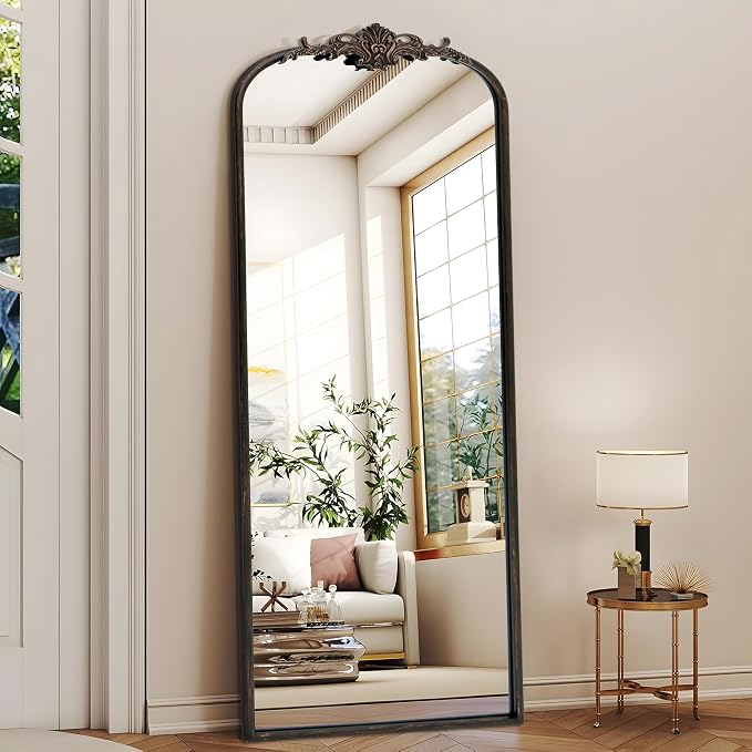 Besdomus Vintage Mirror Full Length: 21"x56" Black Long Arched Body Mirrors | French Floor Standing Metal Framed - Antique Baroque Traditional Ornate - Ideal for Foyer/Cloakroom/Bedroom/Dressing Room