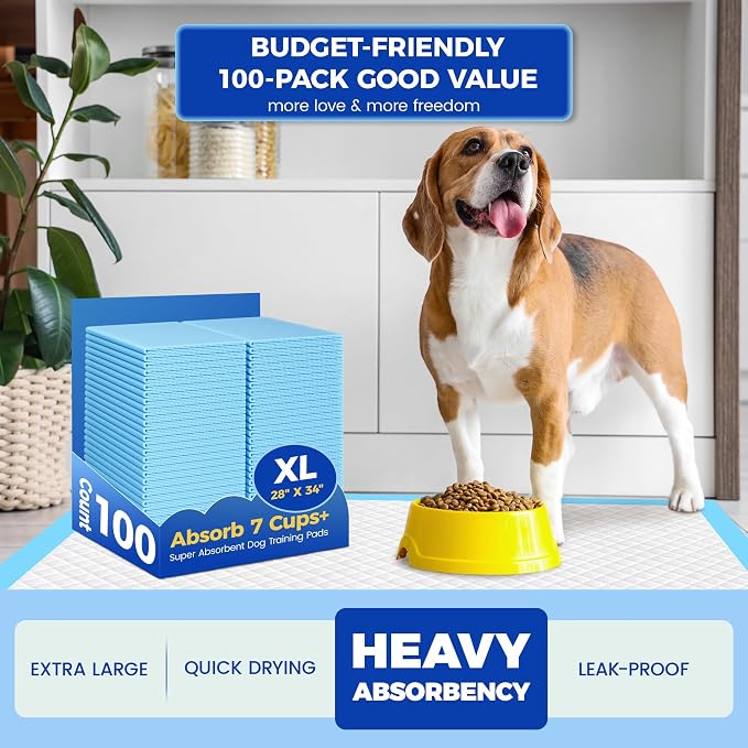 Dog Pee Pads Extra Large 28"x34" - 100 Pack Super Absorbent XLarge Puppy Pads 100 Count Leak-Proof Disposable XL Pet Potty Training Pads for Dogs, Puppies, Doggy
