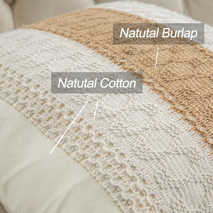 Throw Pillow Covers 20 x 20 Inch 1PC for Farmhouse Living Room, Cotton & Burlap Textured Striped Woven Boho Pillow Covers (Beige & Brown, Single Striped)