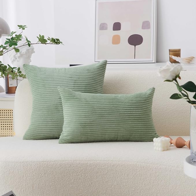 Home Brilliant Throw Pillow Cover Green Striped Corduroy Decorative Pillow Cover 20x20 Soft Square Plush Pillowcase for Sofa Chair Bed Decor, 20 x 20 inch (50cm), Iceberg Green