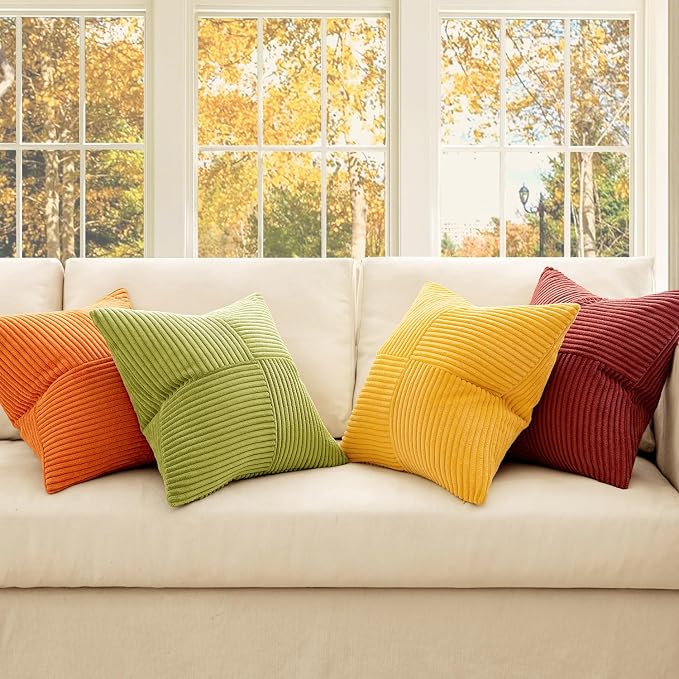 MIULEE Fall Burnt Orange Decorative Throw Pillow Covers 18x18 Inch Set of 4 Boho Color-Clash Cushion Covers Modern Farmhouse Pillow Cases Corduroy Striped Decor for Couch Sofa Bed(Terracotta,Rust)