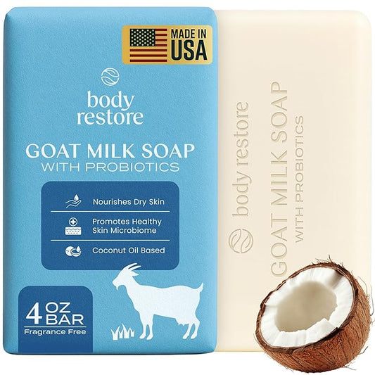 Body Restore Goat Milk Soap Bar – Mothers Day Gifts for Mom, Natural Moisturizing Body Soap with Probiotics, Birthday Gifts for Women, Self Care – Fragrance Free (4 oz)
