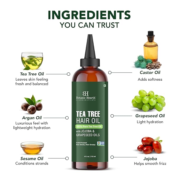 Botanic Hearth Hair Oil for Hair Growth & Hair Treatment Oils | Strengthening Dry, Frizzy, Damaged Hair & Scalp Treatment | All Hair Types | Tea Tree Hair Oil - 4 Fl Oz