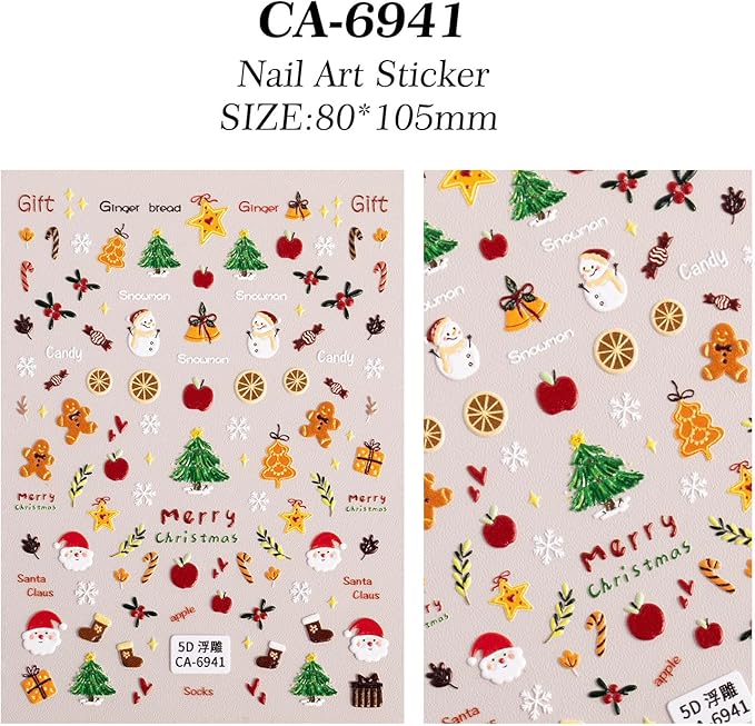 Christmas Nail Stickers for Nail Art, 5D Embossed Self-Adhesive Star Trees Socks Nail Decals, Mushroom Nail Supplies Nail Art Design Accessories for Women and Girls Manicure DIY Decoration