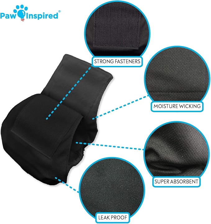 Paw Inspired Belly Band Male Dog WRAP Washable, Black, Black Lining, Small, 3 Count