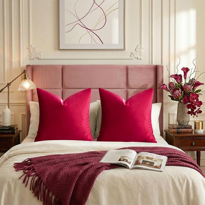 GIGIZAZA Red Velvet Pillow Covers 24x24 Decorative Pillows Pack of 2 | Throw Pillows for Couch Sofa,280gsm Soft Textured Fabric,Modern Square Pillowcases,Luxury Cushion Covers