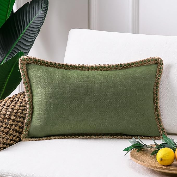 Phantoscope Farmhouse Solid Throw Decorative Pillow Cover Burlap Linen Trimmed Tailored Edges Outdoor Pillow Olive Green 1 Pack 12 x 20 inches, 30 x 50 cm
