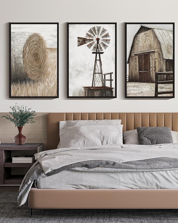 Drsoum Farmhouse Wall Art Vintage Rustic Windmill Barn Cornfield Pictures Framed Painting Landscape Countryside Rural Canvas Artwork Home Decor Ready to Hang 24x36in - Black Framed