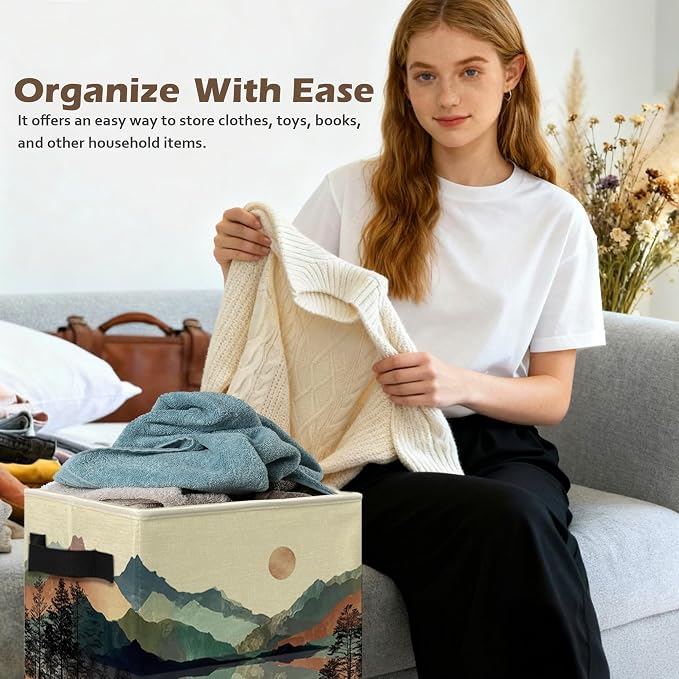 Boho Sun Mountain Forest Storage Box Bins, Mid Century Modern Abstract Boho Collapsible Storage Basket Organizer for Bedroom Laundry Room Home Clothes Books, Decor for Room