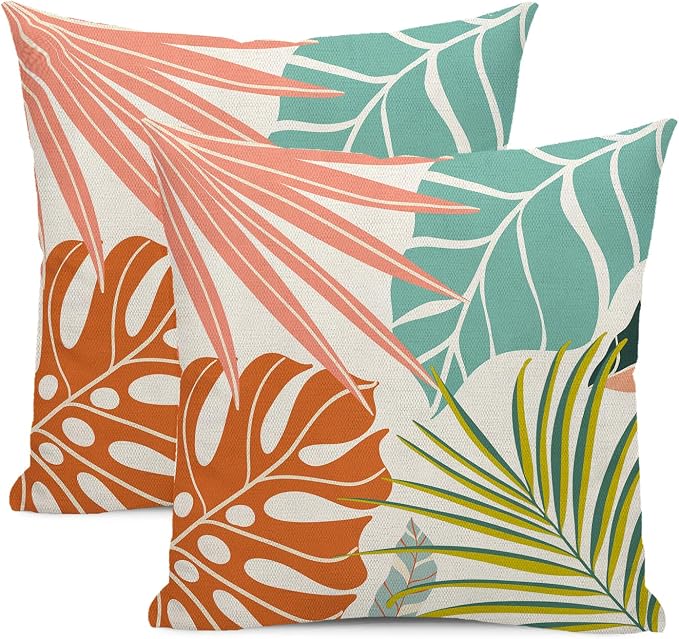 Summer Tropical Pillow Covers 18x18 Set of 2, Monstera Palm Leaf Pillowcase Green Orange Botanical Coral Summer Throw Pillows Outdoor Decor Farmhouse Cushion Case Linen Decorative for Home