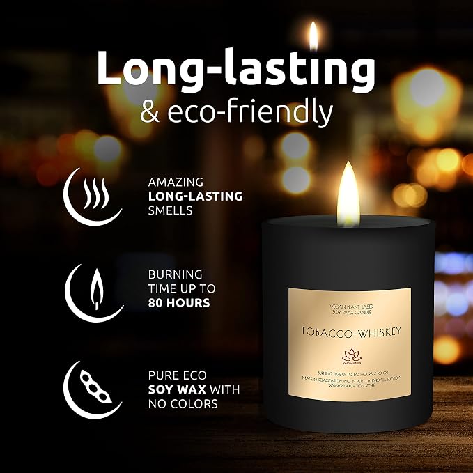 Candle for Men - Natural Soy Wax Candle in Big Glass Jar - Highly Scented Candle Tobacco & Whisky Scent | Ideal for Home, Gift for Men, Husband, Father - Handmade in USA