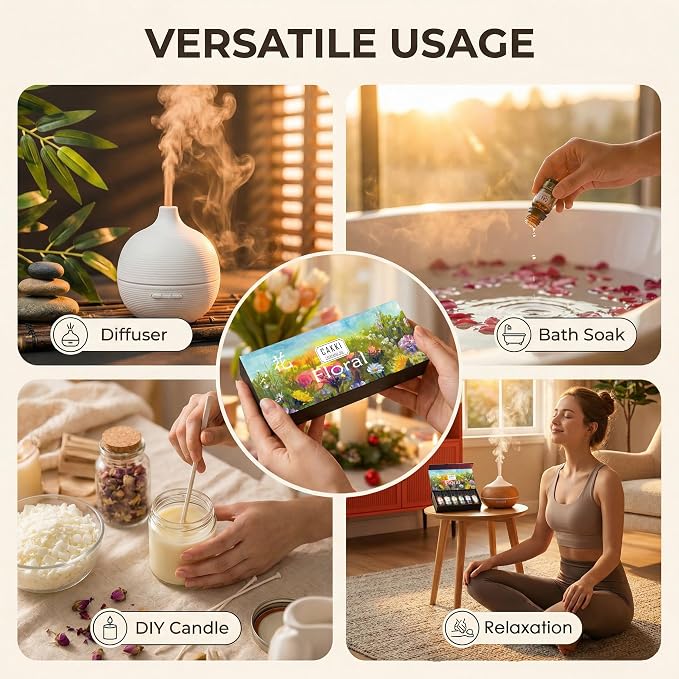 CAKKI Essential Oils for Diffusers for Home, Floral Fragrance Set, 6x10ml | Rose, Lavender, Chamomile, Eucalyptus, Orange Blossom, Jasmine, For Candles Making, Long Lasting