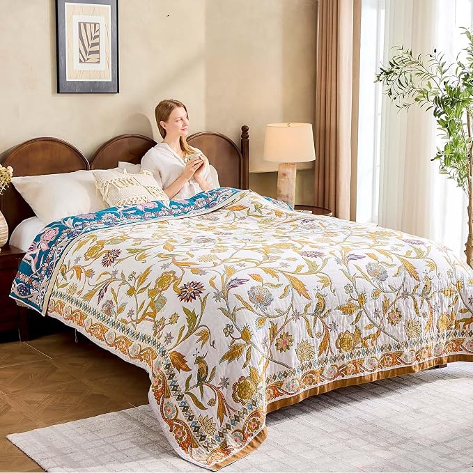 XIBLC Fall Throw Blanket for Couch, Brown Boho Decorative Throw Blanket, 100% Cotton Muslin Breathable Woven Farmhouse Blankets Quilt, 80"x90" Reversible Lightweight Blankets Bohemian Throw Quilt