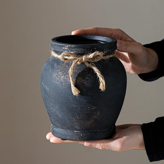Lvases 6.5in Black Ceramic Vase Distressed Matte Modern Farmhouse Decor | Handcrafted distressed black ceramic vase with jute rope bow, small table centerpiece for living room kitchen and dining