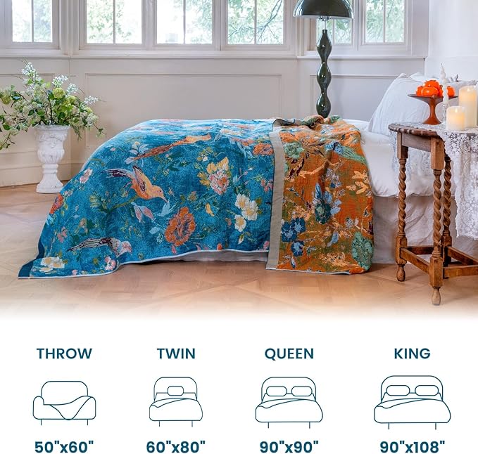 MSGKV Boho Throw Blanket 60"x80" 100% Cotton Bird Throw for Bed Couch | 100% Cotton Throw, Bird Pattern, Reversible Woven, Lightweight Comfort, Farmhouse Decor, All Seasons, Machine Washable