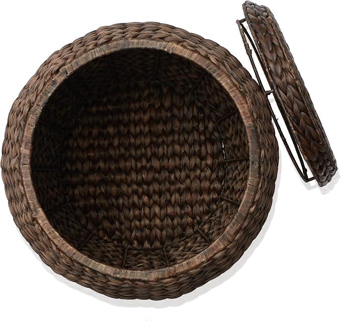 Casafield Round Storage Basket with Lid - Espresso Dark Brown, Handwoven Hyacinth Organizer for Laundry, Blanket, Plants, Bedroom, Living Room, Office