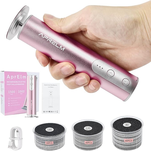 AprElm Rechargeable Electric Foot Callus Remover with 3-Sizes 120Pcs Sandpaper Discs, Professional 900RPM 3-Speed Control Aluminum Electric Foot File (E3 Rose Pink)