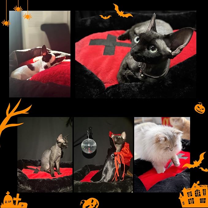 Gothic Coffin Cat Bed for Large Cats, Washable, Size: Medium | Fits cats up to 25 lbs. Size: 28" x 20". Color options: Red & Black. Soft fabric, ideal Halloween decor.