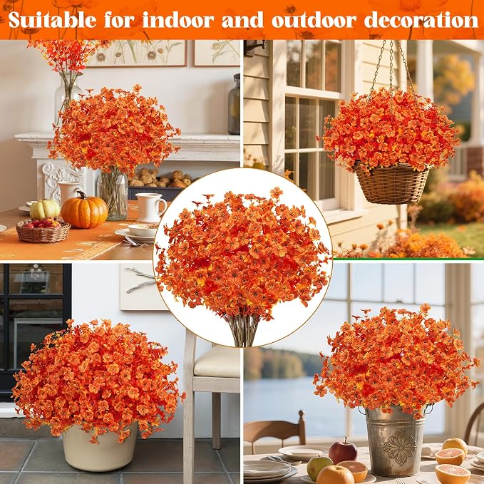 24 Pcs Artificial Fall Flowers for Outdoors, Bright Orange | Lifelike faux mums, silk flower, UV resistant, no-maintenance, for autumn Thanksgiving garden porch yard indoor outdoor decor