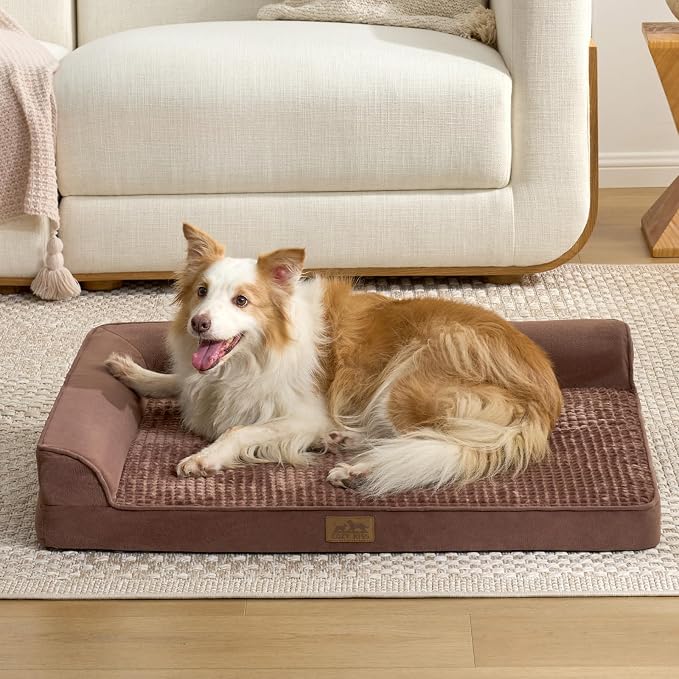 COZY KISS Orthopedic Dog Bed for Extra Large Dogs, L Shaped XXL 48x35 inch | Non-Slip Bottom Soft Pet Sofa with Washable Removable Waterproof Cover, Egg-Crate Foam Couch with Portable Handle, Brown
