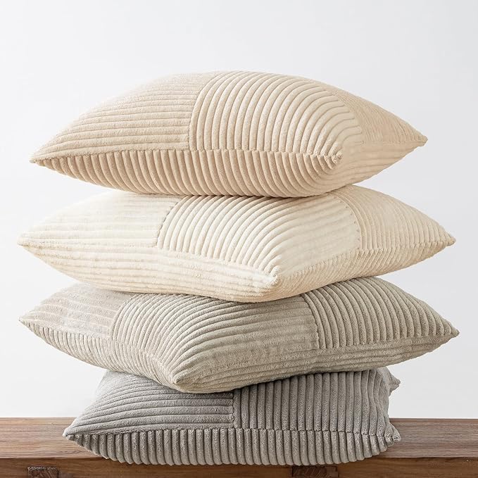 MIULEE Neutral Decorative Throw Pillow Covers 18x18 Inch Set of 4 for Livingroom Couch Sofa Modern Farmhouse Soft Corduroy Cushion Cases Striped Patchwork Home Decor (Cream,Grey)