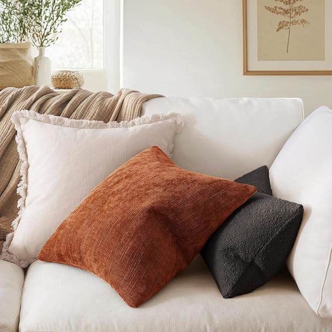MIULEE Textured Chenille Fall Throw Pillow Covers 18x18 Inch Burnt Orange | Pack of 2 Decorative Soft Throw Pillows, Solid Textured Cushion Covers, Modern Home Decor for Couch Sofa Bedroom Living Room