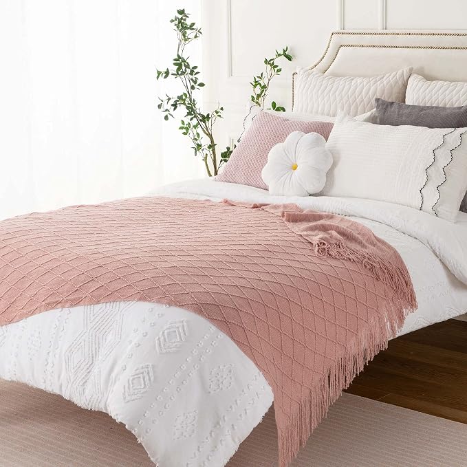 BATTILO HOME Blush Throw Blanket with Tassels, Pink Knit Blanket for Home Decor, Boho Style Textured Knitted Decorative Blanket for Couch, Sofa &Bed, 50"x60"