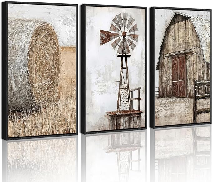 Drsoum Farmhouse Wall Art Vintage Rustic Windmill Barn Cornfield Pictures Framed Painting Landscape Countryside Rural Canvas Artwork Home Decor Ready to Hang 16x24in - Black Framed