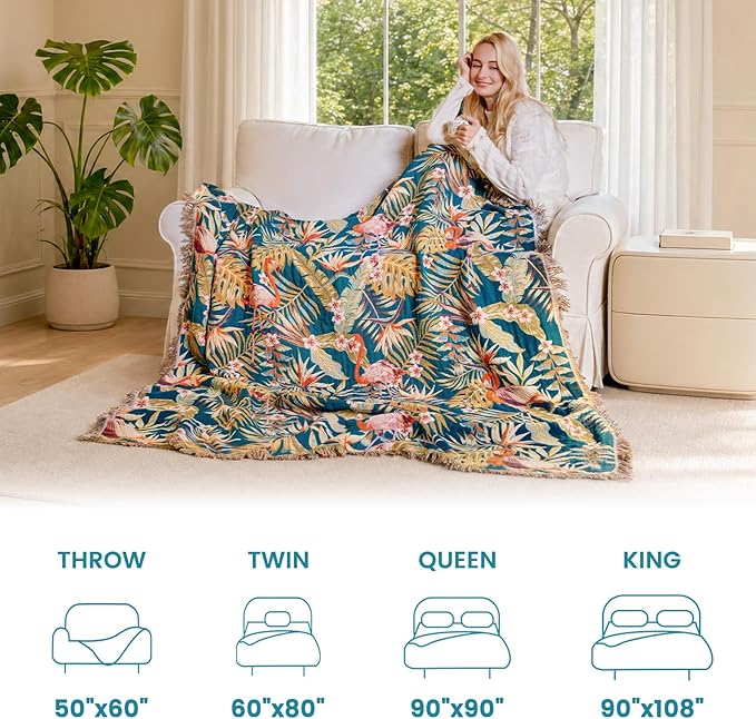 MSGKV Boho Throw Blanket 50"x60" Vintage Jungle Bird Blanket for Couch | Muslin Throw, Jungle Bird Pattern, Reversible Woven, Lightweight Comfort, Farmhouse Decor, All Seasons, Machine Washable