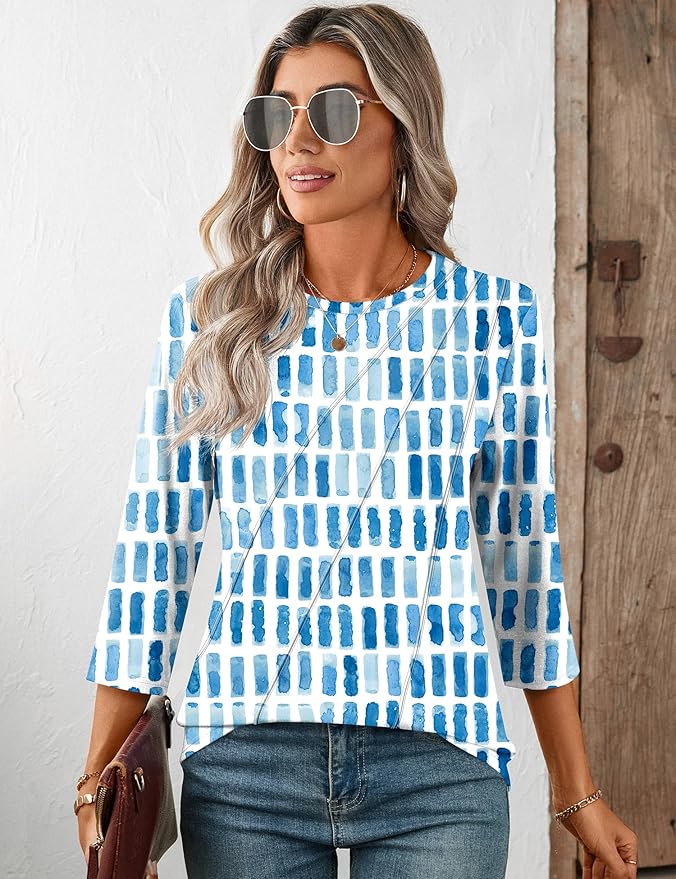 LOMON 3/4 Length Sleeve Womens Tops Spring Summer Fashion 2026 Tops Crew Neck Pleated Shirts Tunic Top Loose Fit