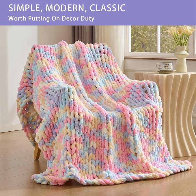 Bigacogo Chunky Knit Throw Blanket for Couch, 51x63 inches, PastelDreamMix | Hand Knit with Jumbo Chenille, Soft Breathable Cable Knit for Sofa Bed Living Room, Machine Washable, Gift for Mom Friend