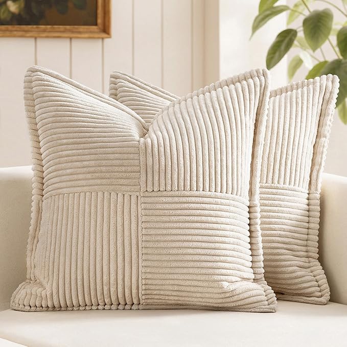 MIULEE Decorative Euro Sham Throw Pillow Covers for 26x26 Inch Beige 2 Pack | Boho Broadside Striped Patchwork Pillow Covers, Soft Corduroy Cushion Cases, For Bed Couch Sofa Livingroom Home Decor