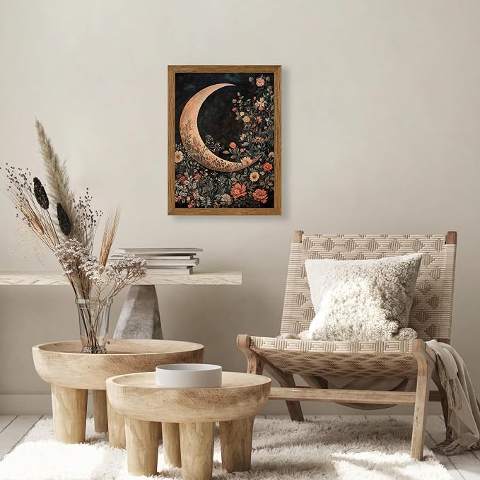 JLTULT Floral Moon Wall Art, Gothic Botanical Framed Canvas, 12 x 16 In | Dark floral moon art on fade-resistant canvas with a ready-to-hang wood frame for bedrooms, living rooms and bathrooms