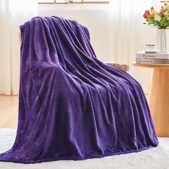 NEWCOSPLAY Fleece Leaves Pattern Queen Blanket, Dark Purple, 90"x90" | Super Soft Throw Blanket, Lightweight Cozy Bed Sofa Blanket, Premium Silky Flannel Fleece, Travel Blanket for All Season Use