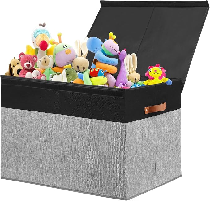 Large Toy Storage Box with Lid, Toy Chest Bin Boxes Basket with Dividers | Sturdy Toy Organizer Bin for Kids, Boys, Girls, Nursery, Living Room, Bedroom, Playroom 25"x13" x16" (Black and Grey)