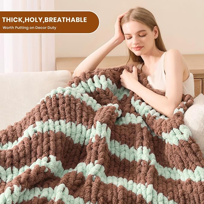 L'AGRATY Chunky Knit Throw Blanket for Couch, 60 x 80 Inches, Brown Green | Handmade Chenille Crochet Blanket for Sofa Bed, Thick Cable Knitted Blankets for Room Home Decor, Birthday Gift for Women Mom