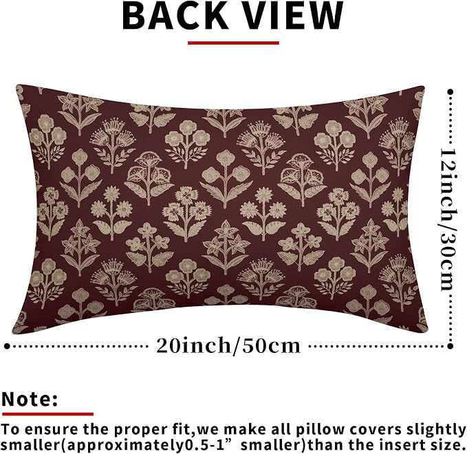 Burgundy Pillow Covers 12x20 Inch Set of 2, Cream Floral Block Print Pattern Lumbar Decorative Throw Pillowcases Outdoor Farmhouse Rectangle Cushion Covers Spring Summer Sofa Couch Bed Decor
