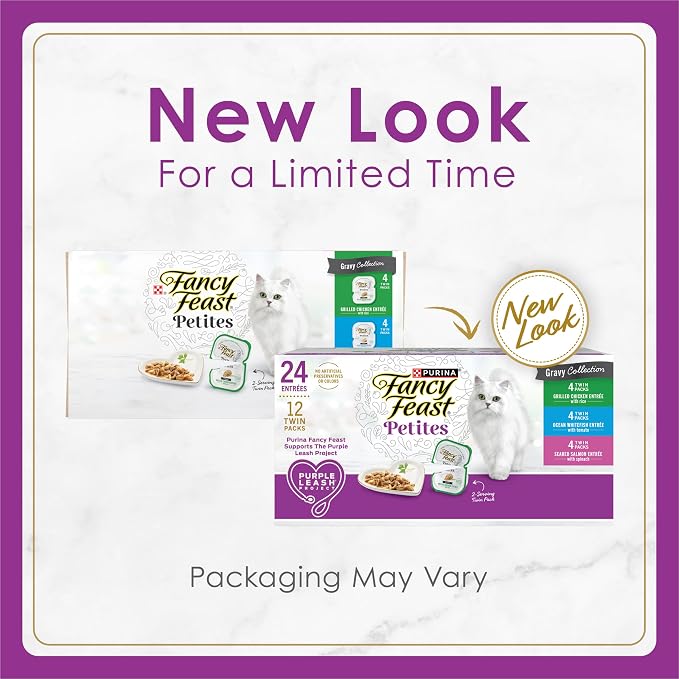 Fancy Feast Purina Gourmet Wet Cat Food Variety Pack,Petites Gravy Collection,Break-Apart tubs,48 Servings - 2.8 oz. Tubs,(Pack of 24)