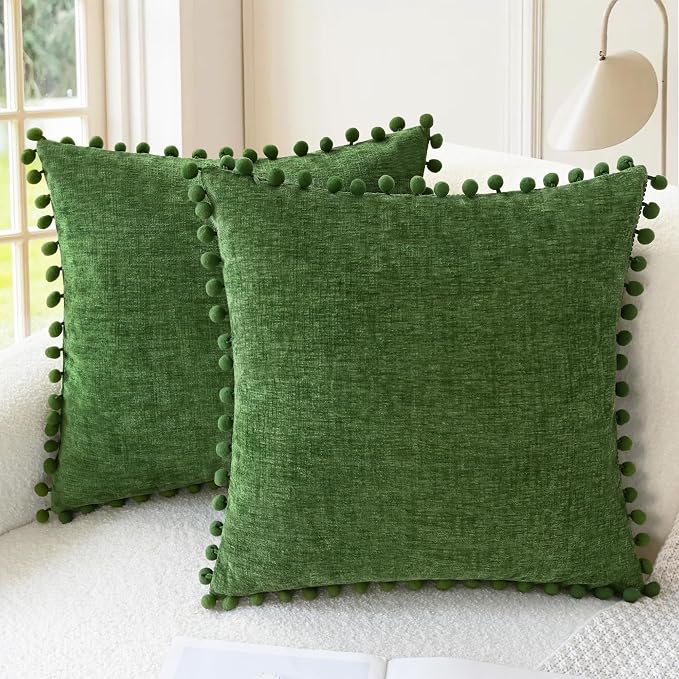 CaliTime Decorative Couch Throw Pillow Covers 20 X 20 Inches Forest Green | Pack of 2, Cozy Chenille Cushion Cases, with Pom Poms for Sofa Bed Living Room Farmhouse Home