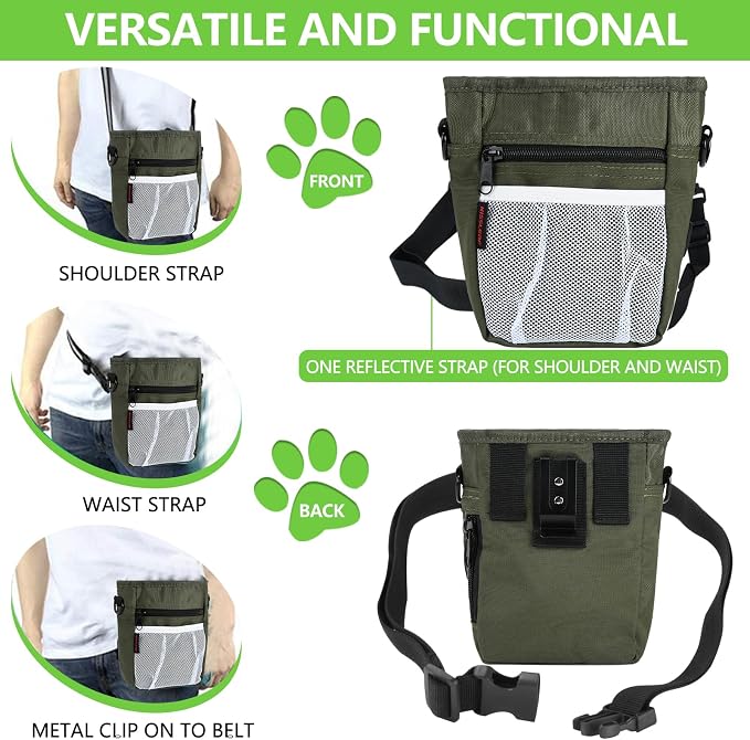 kissleaf Dog Treat Pouch, Magnetic Closure, Dog Clicker- Green