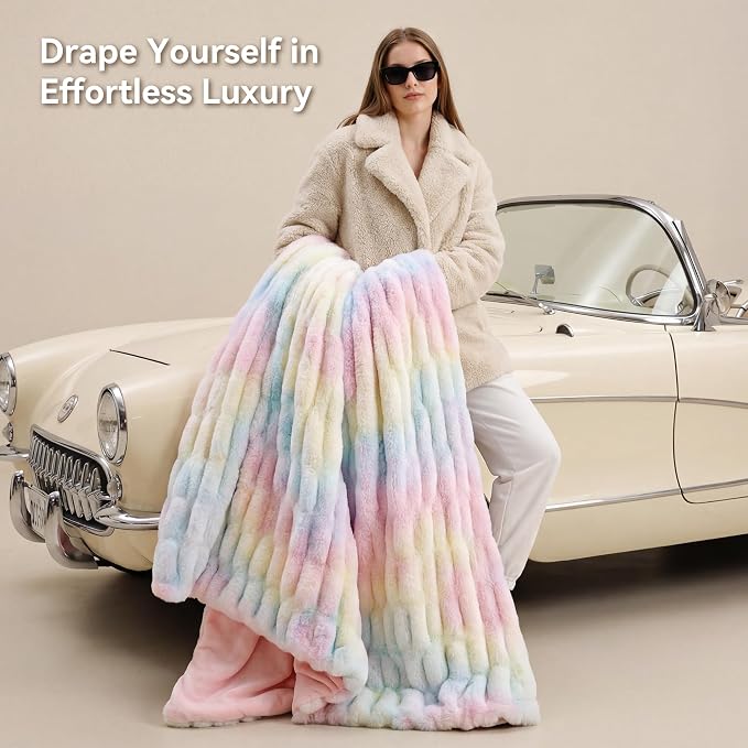 Rainbow Fluffy Blanket for Couch - Luxury Faux Rabbit Fur 60"x80" | Ultra Soft & Plush Comfort Ruched Blanket, Cozy Fuzzy Colorful Throw for Sofa & Bed, Great Gift for Women, Rainbow Room Decor