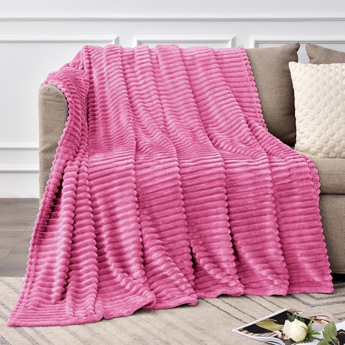 BEDELITE 3D Ribbed Hot Pink Fleece Throw Blanket for Couch, 50x60 Inch | Soft Warm Decorative Fluffy Blanket, Cozy Plush Lightweight Fuzzy Throw Blanket for Bed Sofa Home Room Decor, Gift for Women