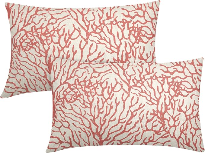 Nautical Coastal Lumbar Pillow Covers 12x20 Inch Set of 2 Summer Ocean Beach Coral Orange Decorative Pillow Cases Outdoor Linen Cushion Cover Farmhouse Decor for Bedroom Home Sofa Couch Bed