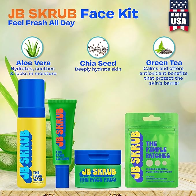 JB SKRUB Boys Acne Skincare Kit for Teens‚ Complete 4-Step Routine: Face Wash, Lotion, Cleansing Pads & Pimple Patches‚ Starter Set